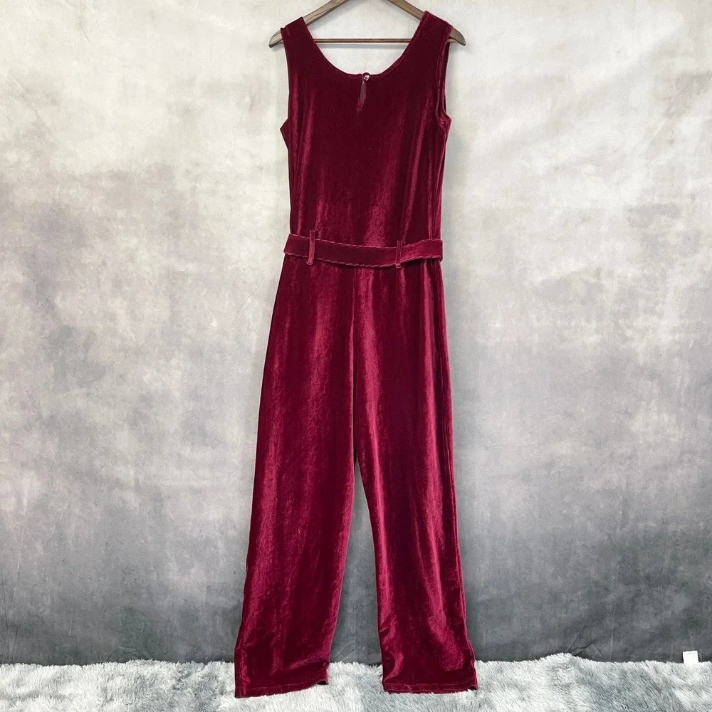 Vintage Newport News Jumpsuit Women Large Red Velvet Ribbed Stretch Minimalist